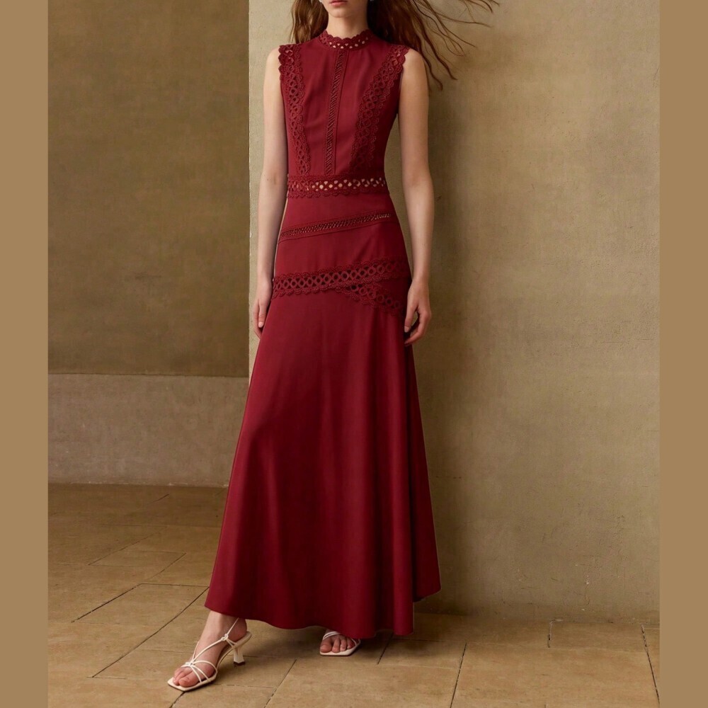 Burgundy Lace Trim Sleeveless Maxi Dress with Stand Collar - Picture 6 of 6